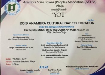 ANAMBRA DAY HOLDS ON 9TH NOVEMBER 2019